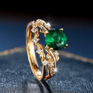 NEW 14k Yellow Gold Emerald Ring Round Cut Diamond Ring Set of 2 Bands